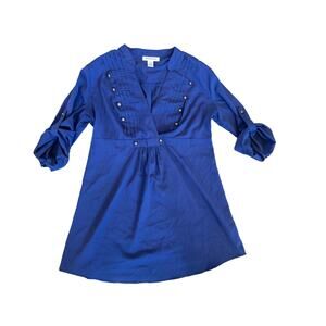 Woman's Motherhood Maternity Blue Shirt Adjustable Sleeves Waist Tie Size Small